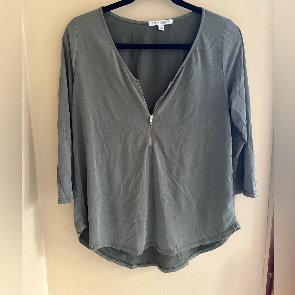 Sage Green Zip V-Neck Blouse